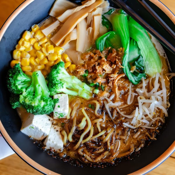 Hikari Ramen's vegan ramen bowl, featuring tofu, corn, broccoli, bok choy, and bamboo shoots.