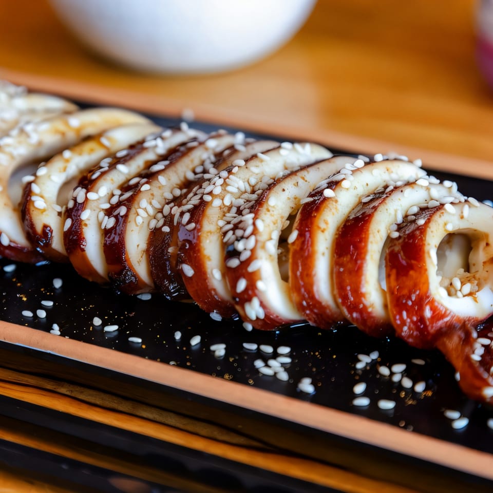 Grilled squid rings with a dark glaze and sesame seeds on a black plate at Hikari Ramen.