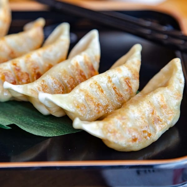Golden-brown Hikari Ramen gyoza dumplings, perfectly pan-fried, arranged on a dark plate with a green leaf.
