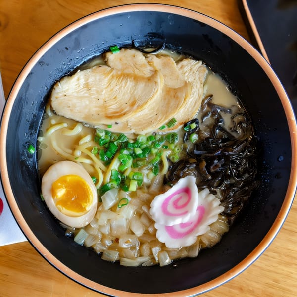 A bowl of Hikari Ramen with chicken, a soft-boiled egg, green onions, and narutomaki.